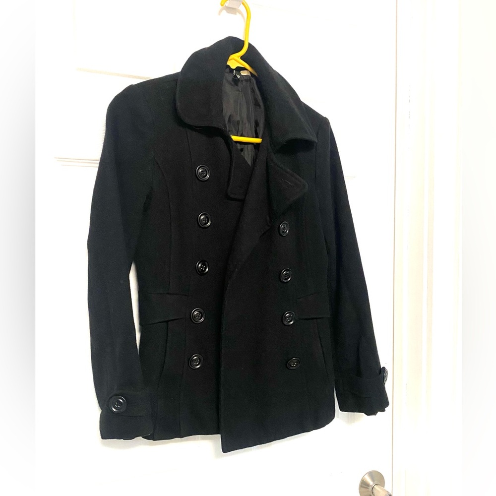 H&M Double Breasted Coat Jacket in Black Wool